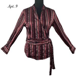 Apt. 9 Red Black Stripe V Neck Tie Waist Long Sleeve Faux Wrap Blouse Size M